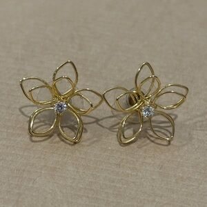 Gold Floral Stud Earrings with Clear Center Stones